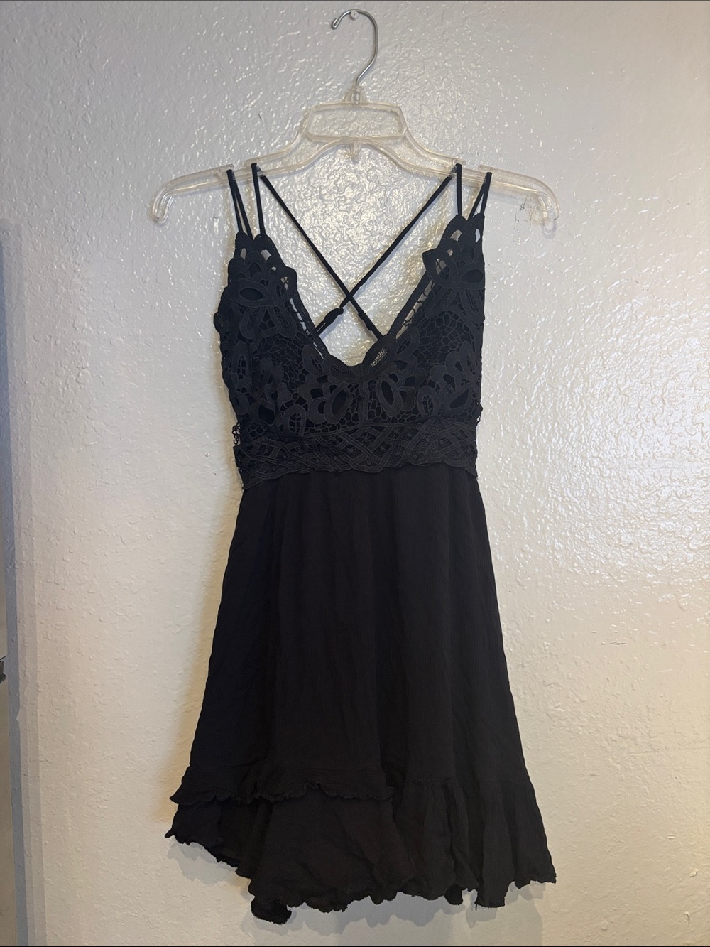 Black Lace Bodice Crochet Spaghetti Straps Boho Mini Dress Chelsea & Violet XS